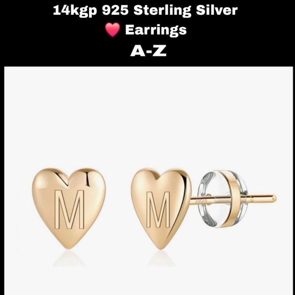 Jewelry - 14kgp 925 Initial HEART ❤️ STUD EARRINGS All Letters A-Z